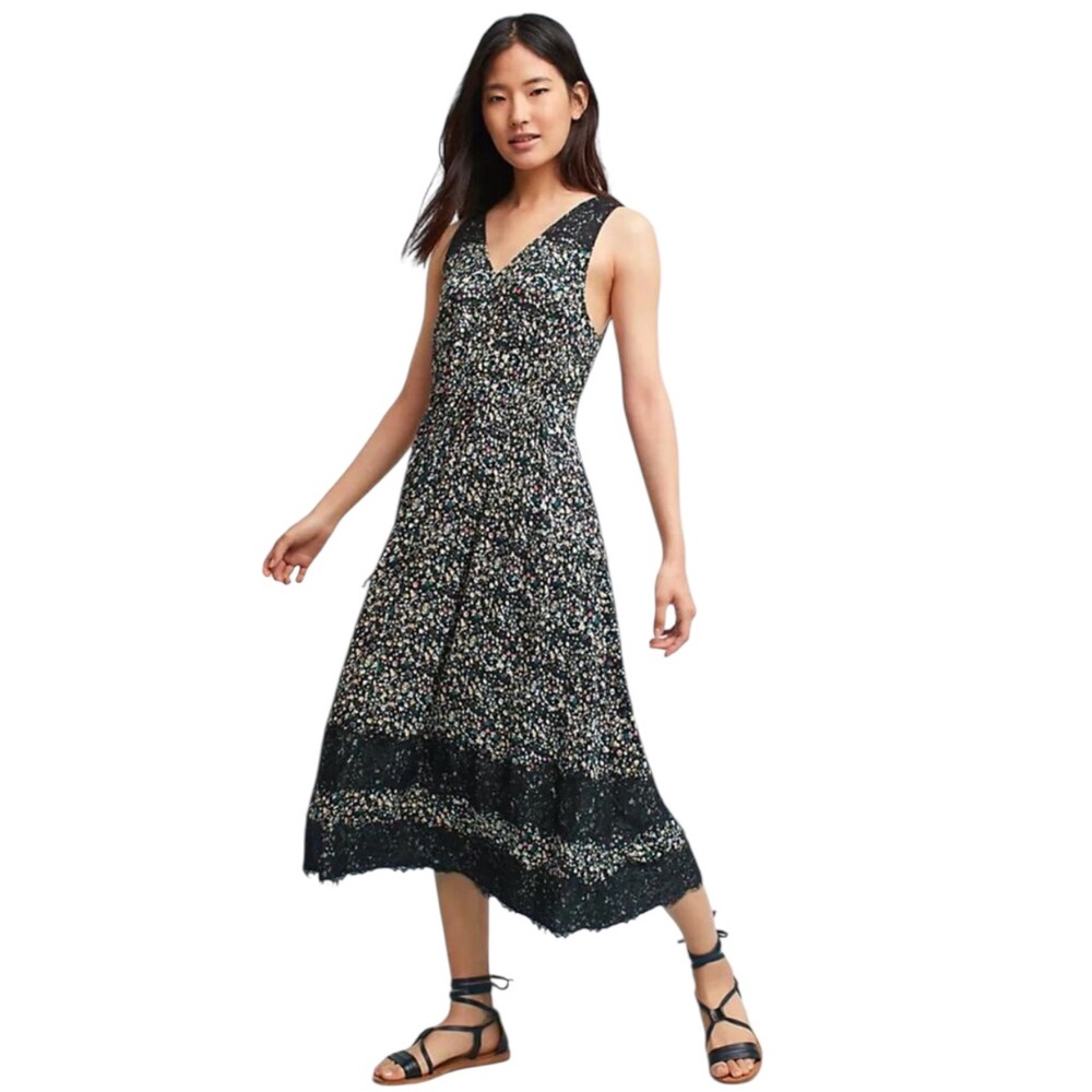 Ranna Gill Anthropologie Dress Sz S Midi Black Ditsy Floral Sleeveless Lace Boho